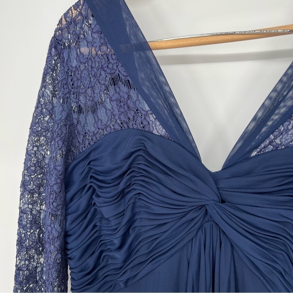 Alex Evenings Navy Blue Ruched Twist Column Bodice Lace Sleeve Maxi Dress Gown - Picture 2 of 14